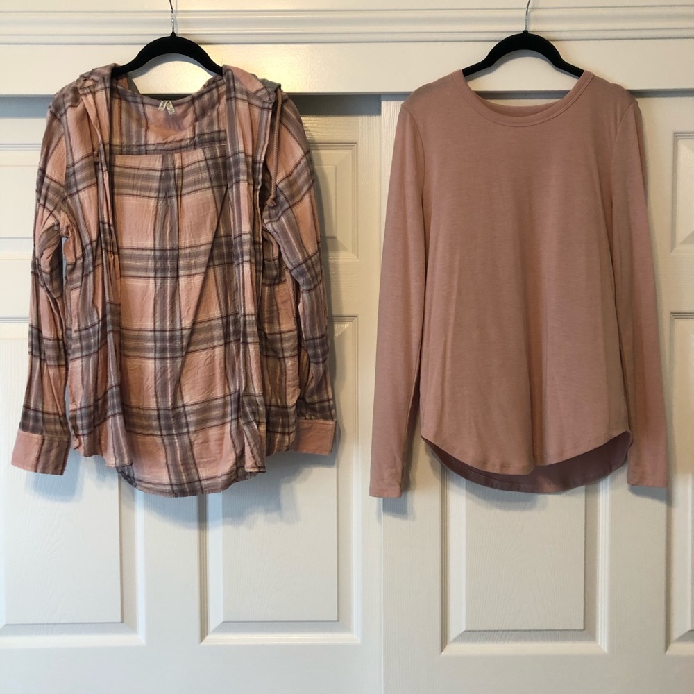TWO FOR ONE Button Up Hoodie + pink shirt